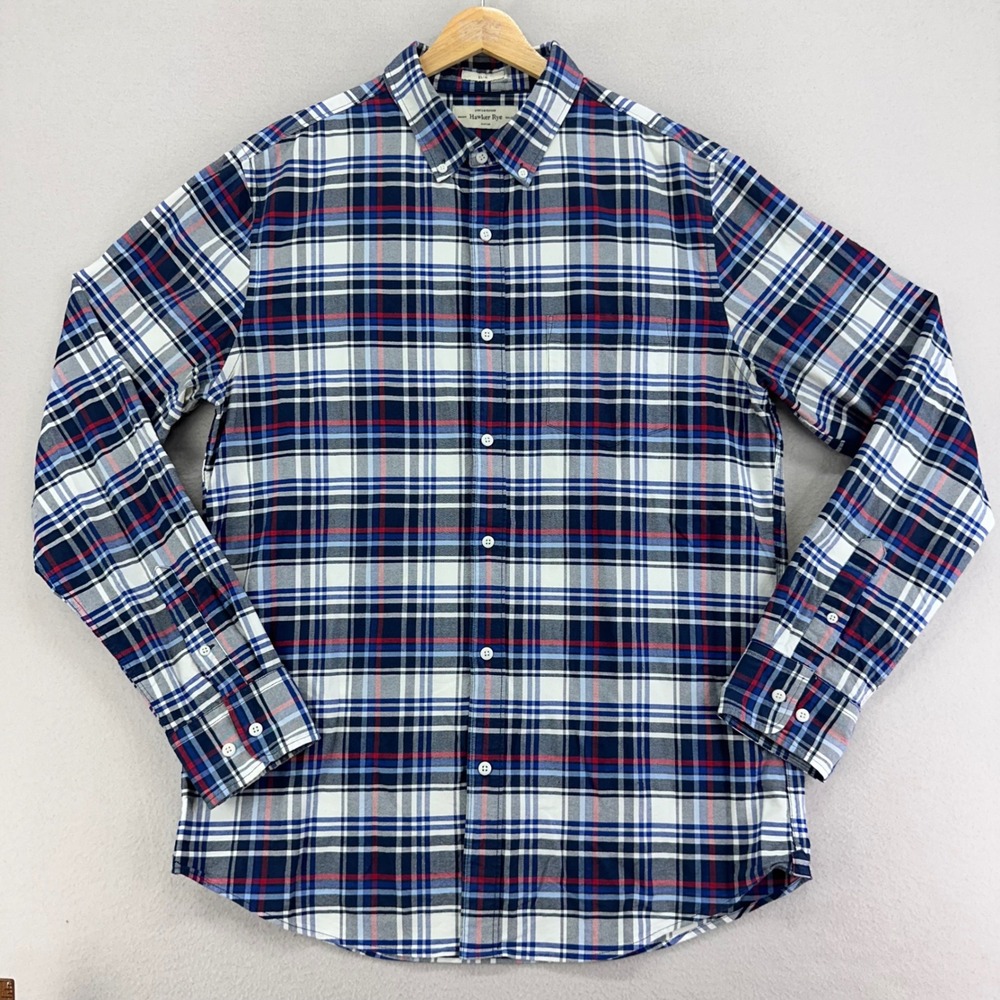 Hawker Rye Oxford Stretch Slim Fit Shirt Men's L Tall Blue Plaid‎ Button Down